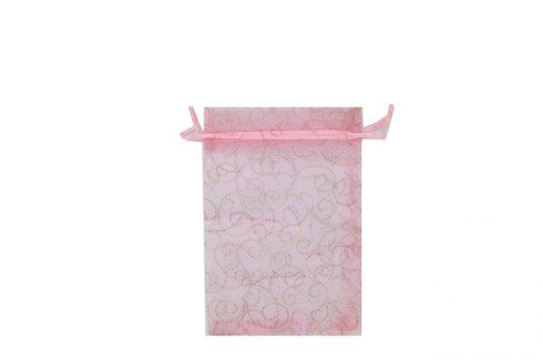Pink with Pattern Swirls Organza Bags. Pack of 100. Dimensions 7cm(W) x 9.5cm(H).